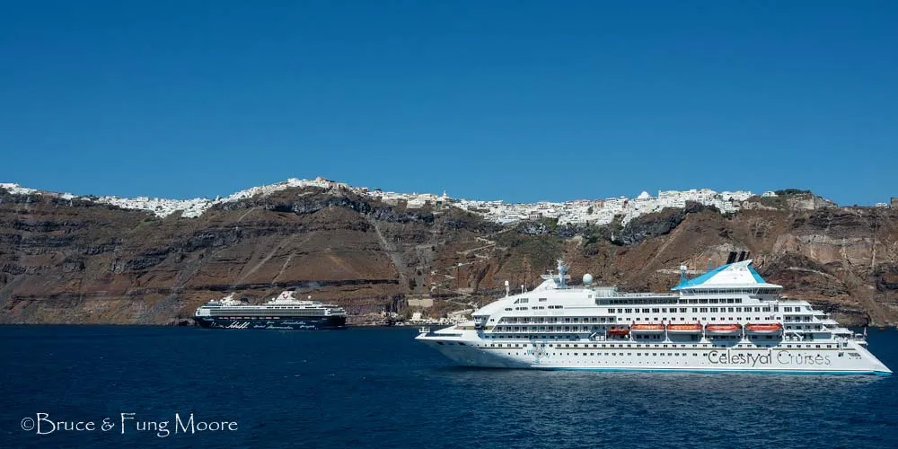 Cruise ships below Oia Santorini