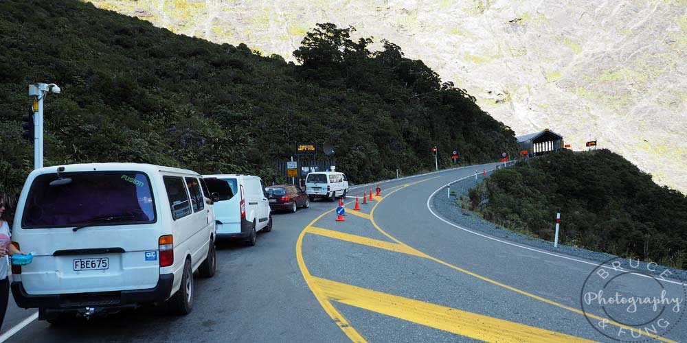 cars waiting to enter Homer Tunnel