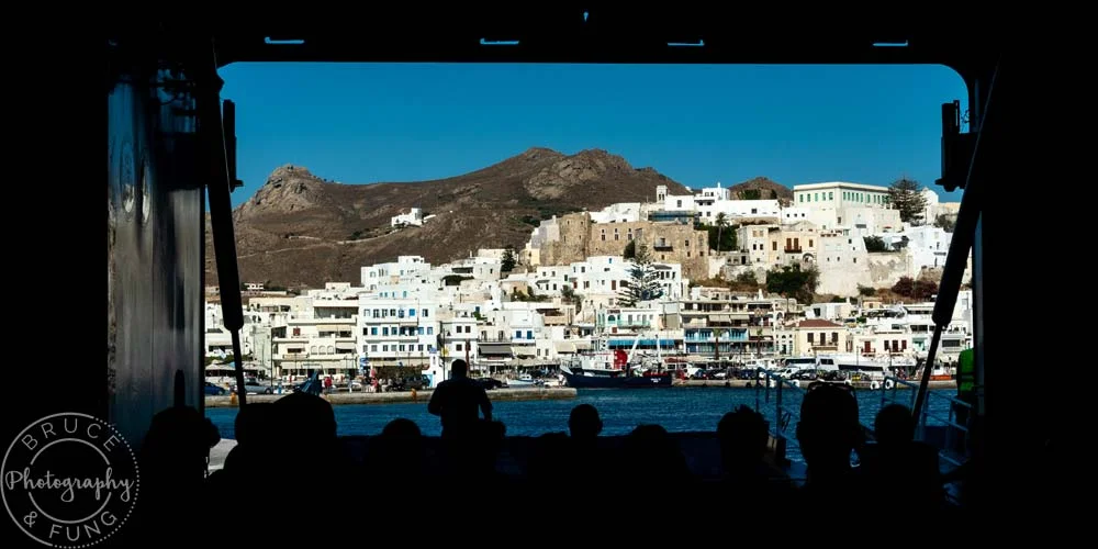 Naxos ferry arriving The view of Naxos Town from the arriving Blue Star Ferry